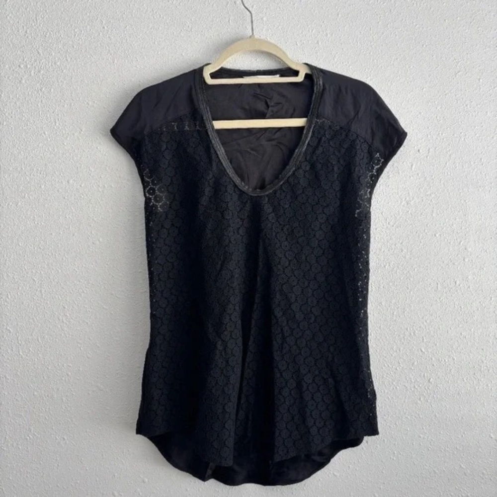 Elaine Kim Black Silk Blouse w/Leather Trim & Lace Front Detail